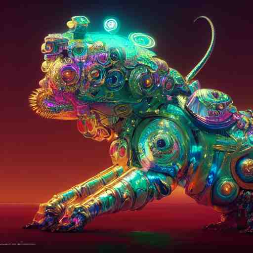 iridescent opalescent cyborg animal in candyland, warm tones : by michal karcz, daniel merriam, victo ngai and guillermo del toro : ornate, dynamic, particulate, intricate, elegant, highly detailed, centered, artstation, smooth, sharp focus, octane render 