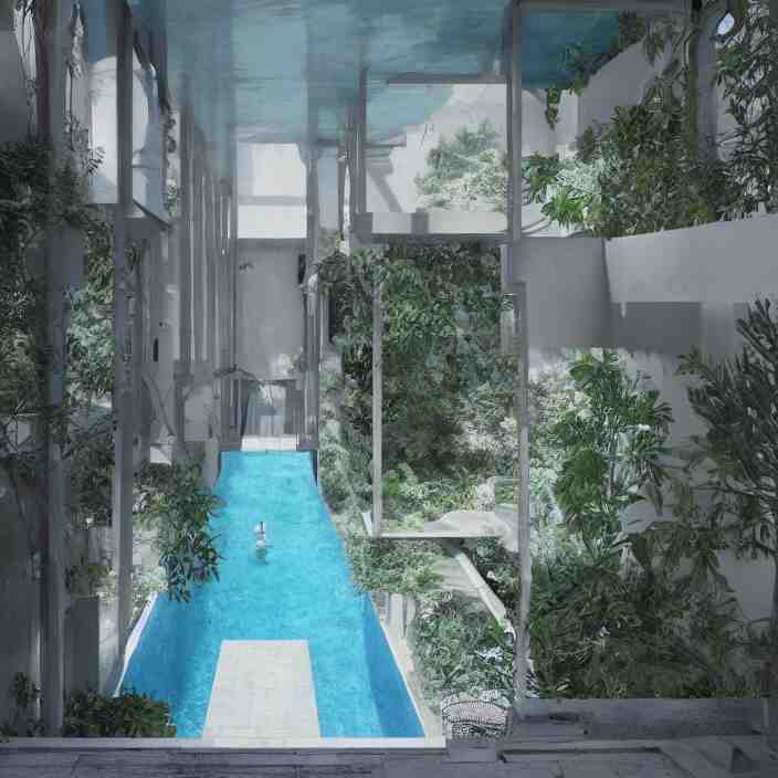 a room with a pool in the middle of it, a digital rendering by ricardo bofill, featured on cg society, hypermodernism, vray tracing, rendered in unreal engine, liminal space 