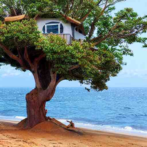 a tree with a tree house in it in the ocean 