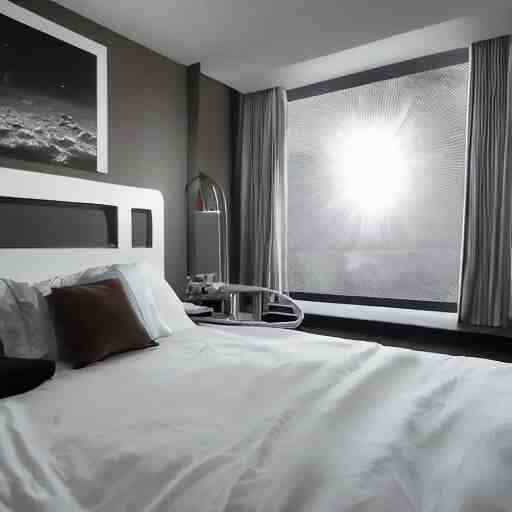  a king size bed with a white bed set in a futuristic space ship with windows looking into outer space, beautiful lighting photograph 