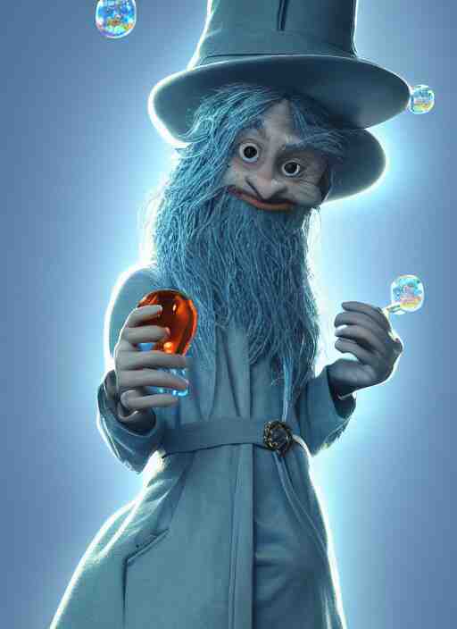 an anthropomorphic beautiful male wizard blowing giant bubbles wearing blue robe, fine art, award winning, intricate, elegant, sharp focus, octane render, hyperrealistic, wizard hat cinematic lighting, highly detailed, digital painting, 8 k concept art, art by jamie hewlett and z. w. gu, masterpiece, trending on artstation, 8 k 