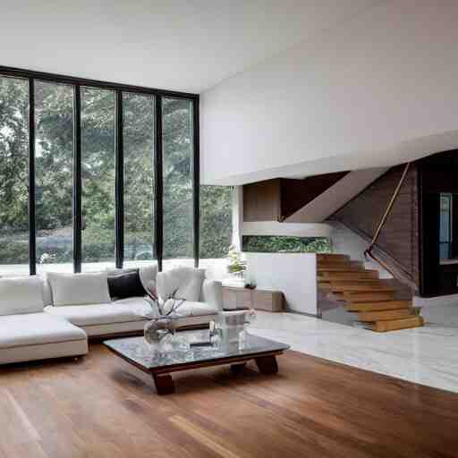 A modern living room with floor to ceiling glass windows on the left and on wooden stairs to the second floor on the right, two white sofas with a white marble table in the center, 8k resolution, professional interior design photograph, wide angle photograph