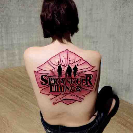 big stranger things logo tattoo ed on the back of a beautiful woman lying on a wood parket 