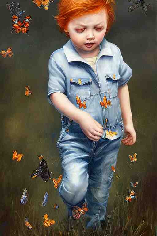 a three year old boy with ginger hair wearing denim overalls chasing butterflies. clean elegant painting, beautiful detailed face, lots of butterflies. by magali villanueve and artgerm and greg rutkowski 