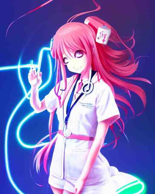 anime style, vivid, expressive, full body, 4 k, painting, a cute magical girl with a long wavy hair wearing a nurse outfit, correct proportions, realistic light and shadow effects, neon lights, centered, simple background, studio ghibly makoto shinkai yuji yamaguchi 