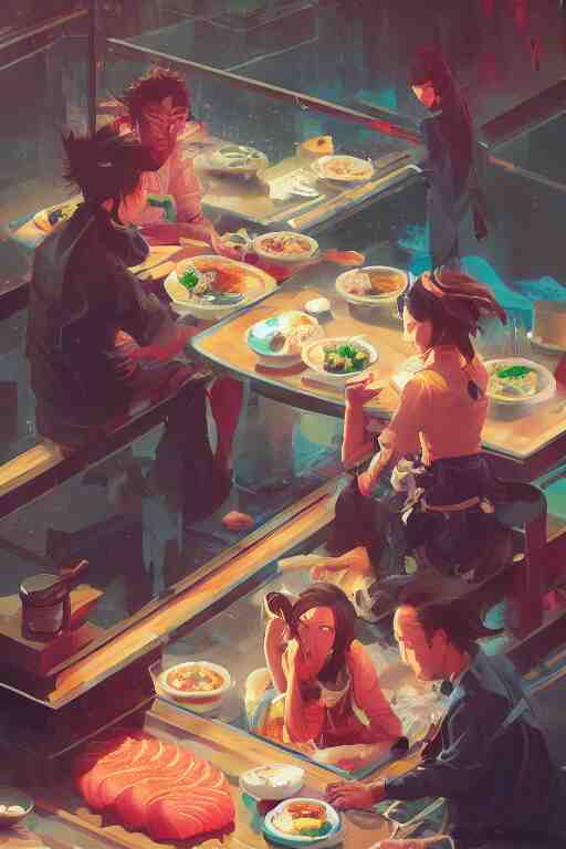 sushi, tooth wu, dan mumford, beeple, wlop, rossdraws, james jean, marc simonetti, artstation giuseppe dangelico pino and michael garmash and rob rey and greg manchess and huang guangjian and makoto shinkai 