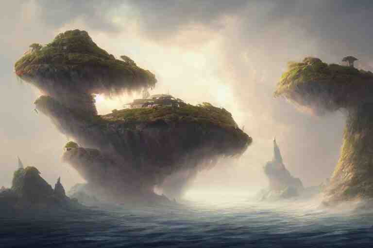 an island in the clouds, concept art, highly detailed, artstation, trending, widescreen resolution, feng zhu, shaddy safadi, noah bradley, tyler edlin, jordan grimmer, darek zabrocki, neil blevins, tuomas korpi 