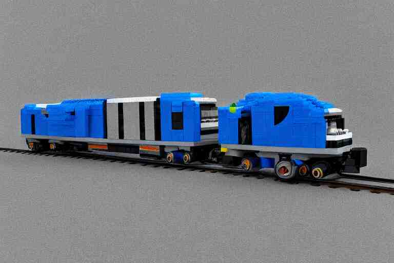 futuristic train made out of Lego, octane render, white, grey and blue, studio light, 35mm,