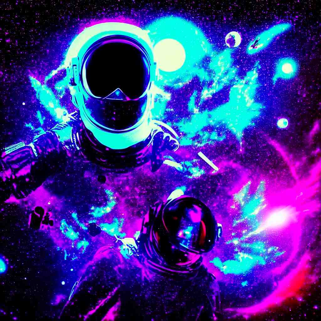 astronaut sucked into blackhole synthwave, glitchy, reflective, holographic, neon 