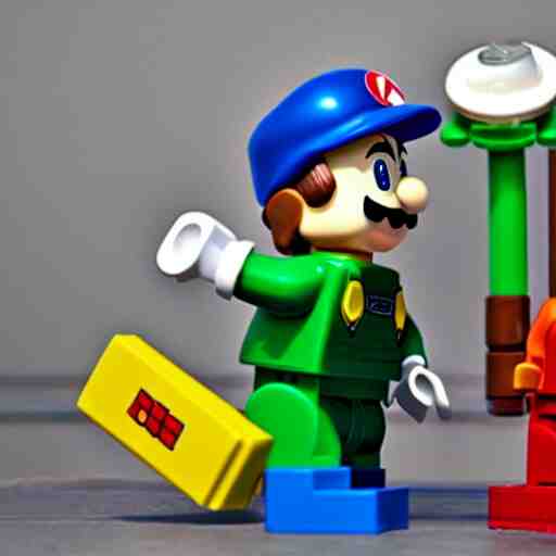 a photo of realistic plumber mario with yoshi as lego mini figures 