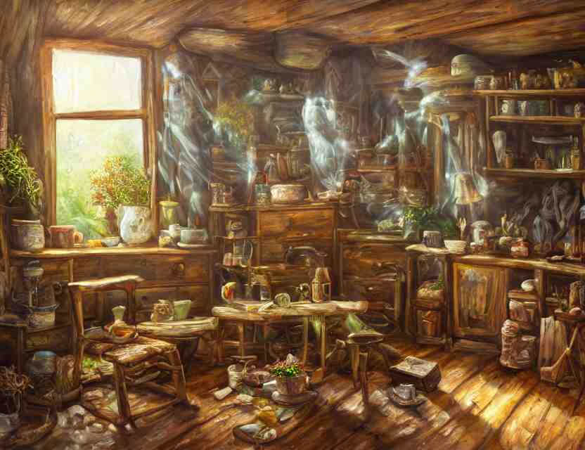 expressive rustic oil painting, interior view of a cluttered herbalist cottage, waxy candles, cabinets, wood furnishings, herbs hanging, wood chair, light bloom, dust, ambient occlusion, morning, rays of light coming through windows, dim lighting, brush strokes oil painting