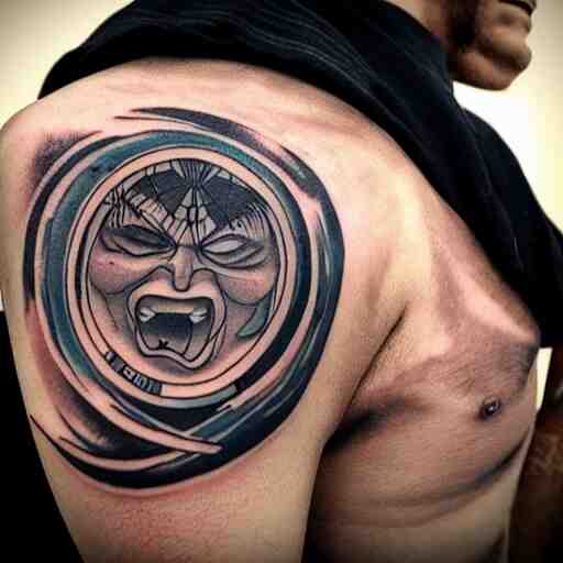 tattoo on a man’s arm of Gojo Saturn from jiujitsu Kaisen laughing with a sun behind him