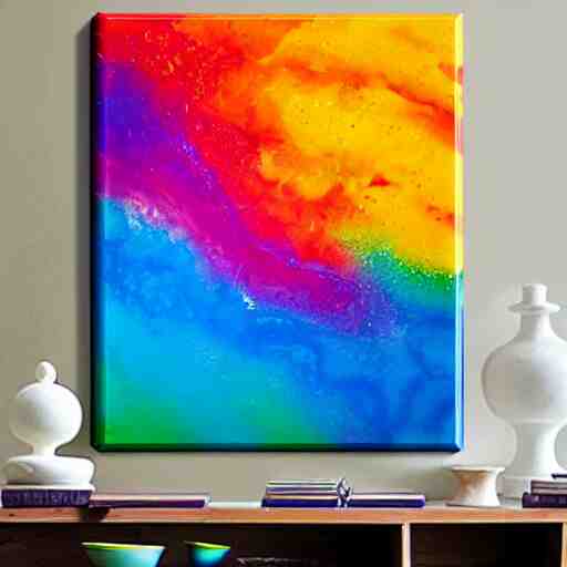 a pour painting on canvas, rainbow colors, abstract, thick paint, chunky paint, glossy, resin coated 