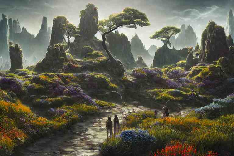 Brutalist Shiro, fantasy landscape, Eden at Dawn, gleaming morning cinematic lighting, amazing cinematic concept painting,  by Jessica Rossier,  Himeji Rivendell  Garden of Eden valley, wildflowers and grasses, terraced orchards and ponds, lush fertile fecund, fruit trees, birds in flight, animals wildlife, beksinski