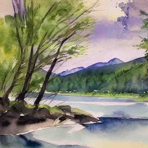 river, mountains, beautiful trees, watercolor painting 