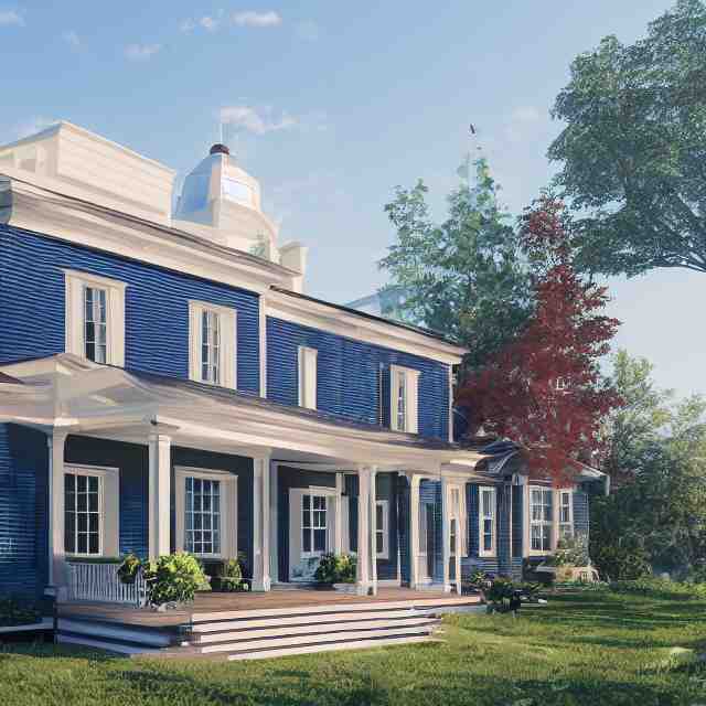 modern new england colonial house with a round blue door, brick cape house, realistic, unreal engine render, octane render, hyper realistic, photo, 8 k 