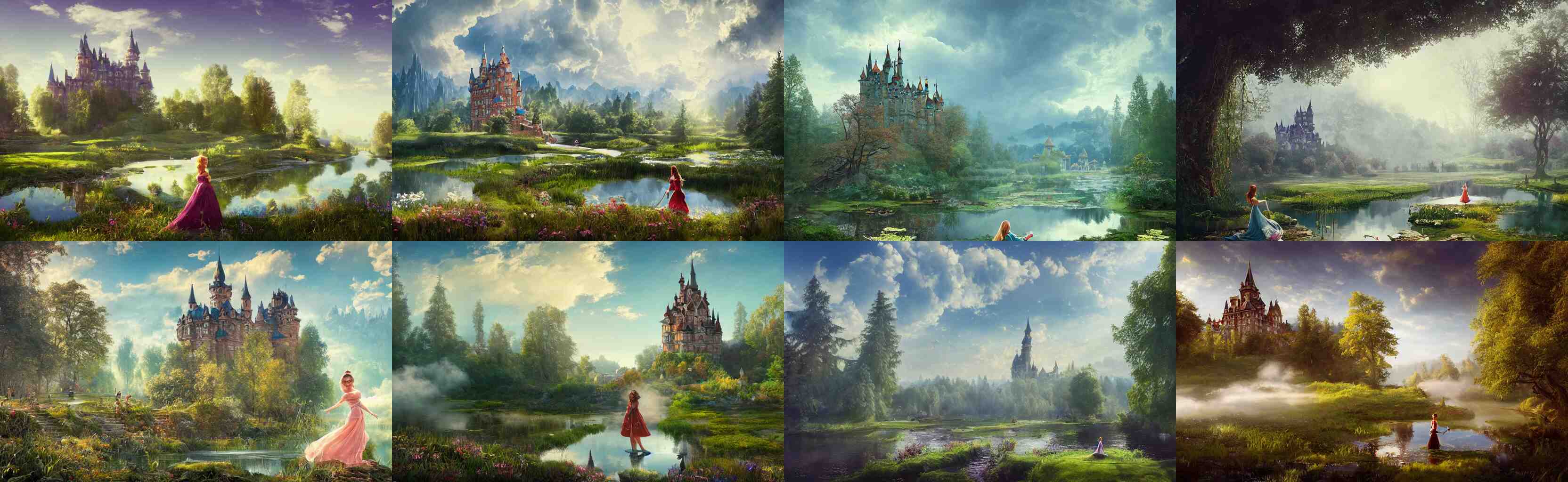 a princess near a pond, a castle and mist and swirly clouds in the background, fantastic landscape, hyperrealism, no blur, 4k resolution, ultra detailed, style of Anton Fadeev, Ivan Shishkin, John Berkey