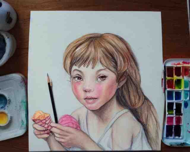 a little girl with the ice cream watercolor colored pencil painting trending on artstation 