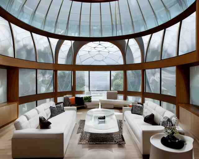 A futuristic living room with floor to ceiling glass windows on the left and curved wooden stairs going upstairs on the right, two white sofas with a white marble table in the center of the living room, stairs to the second floor, in a large glass dome, 8k resolution, professional interior design photograph, wide angle photograph