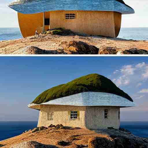 a mountain and the sea, a little house in the middle of the sea 