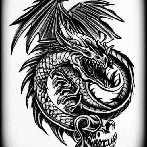 Very detailed masterpiece tattoo sketch of Dragon with skull