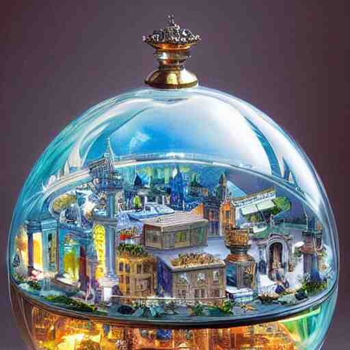 still life painting of a miniature tabletop art deco city under a glass dome, by paulette tavormina and clara peeters and vermeer, cool color - scheme with blues and greens, hyper realistic, detailed, beautiful lighting 