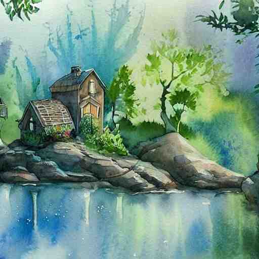 beautiful happy picturesque charming sci - fi organic homes in a beautiful natural scene. water, trees and rocks. beautiful light. soft colour scheme. beautiful artistic detailed watercolor by lurid. ( 2 0 2 2 ) 