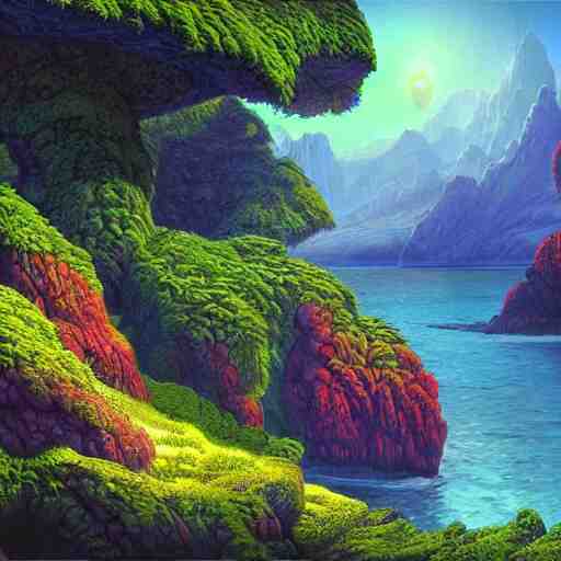 digital painting of a lush natural scene on an alien planet by gerald brom. digital render. detailed. beautiful landscape. colourful weird vegetation. cliffs and water. 