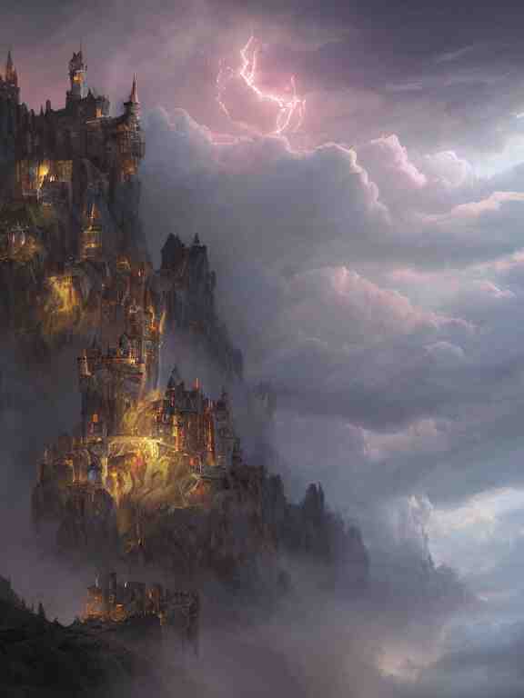 photo of 8k ultra realistic castle on cliff surrounded by swirling clouds and lighting, dark, menacing, full of colour, cinematic lighting, battered, trending on artstation, 4k, hyperrealistic, focused, extreme details,unreal engine 5, cinematic, masterpiece, art by Peter Mohrbacher