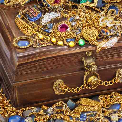 A Ayleid chest filled with jewels and golden artefacts, 4k, hdri, museum quality photo