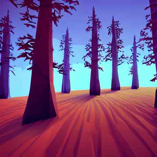 a forest of 3d low poly trees with the mountains in the background, high quality, mobile game