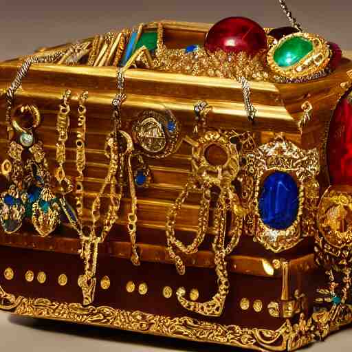 A Ayleid chest filled with jewels and golden artefacts, 4k, hdri, museum quality photo