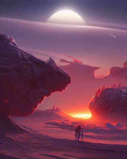 legendary space ship, ice fish shape, desert planet, cinematic, highly detailed, scifi, intricate digital painting, sunset, red glow, illustration, artstation, by johnson ting, jama jurabaev 