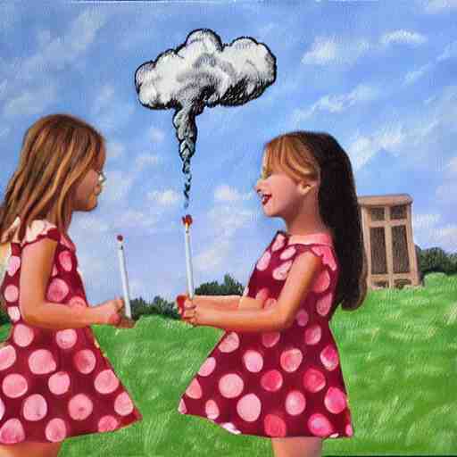 two little girls wearing polka dot dresses are smoking a big joint together behind the school building, realistic painting 