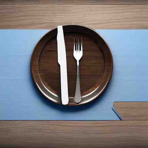 a hyperdetailed blue fork, 3 d render, ultra high detail, octane render, rtx, hdr, the fork is on a plate, the plate is on a wooden table. 