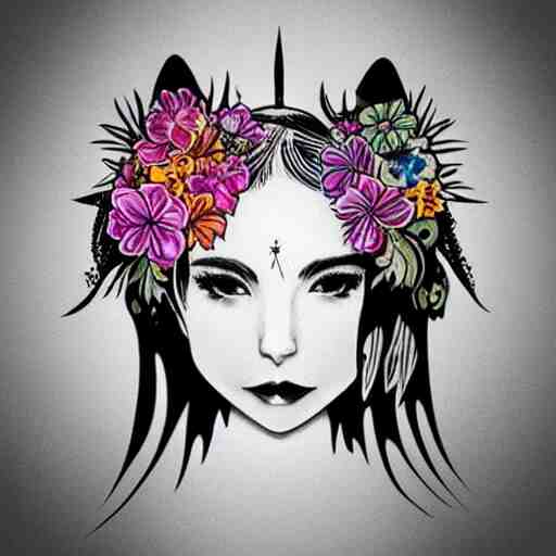 tattoo design, stencil, tattoo stencil, traditional, beautiful portrait of a warrior girl with a wolf headdress on surrounded by flowers, upper body, by artgerm, artgerm, artgerm, digital art, cat girl, anime eyes, anime, sexy-s 100