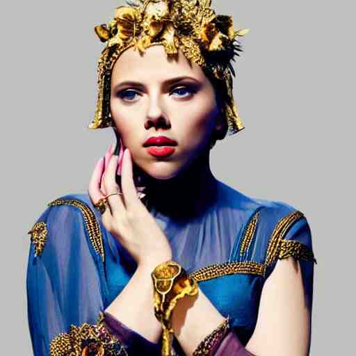 scarlett johansson dressed as a greek goddess in front of a ring of sapphire rose ring, ornate gold border, vignette, warm tri - color, subtle chromatic aberration, painted by francis goya 