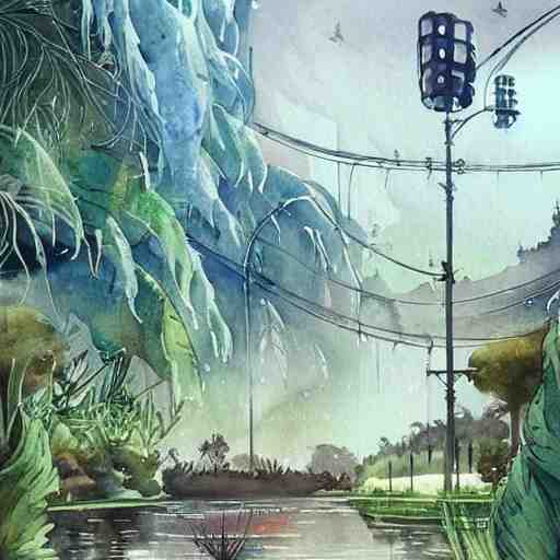 Beautiful happy picturesque charming sci-fi town in harmony with nature. Beautiful light. Water and plants. Nice colour scheme, soft warm colour. Beautiful detailed watercolor by Lurid. (2022)