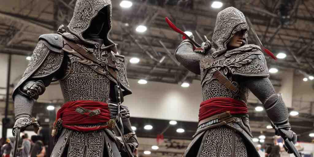 wide shot lens photo of a very intricately detailed and epically shaped 2. 5 meter tall assassin creed lego statue designed by a master builder as displayed at a lego convention, low angle shot. 