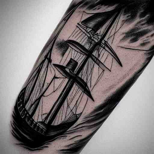 pirate ship on a deserted island, realism tattoo drawing, hyper realistic, shaded