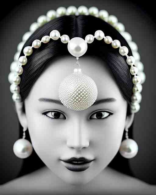 black and white dreamy young beautiful female artificial intelligence, realistic pearl ornament in the face, long hair are intricate with highly detailed realistic pearls, cinematic, rim light, bokeh, photo - realistic, elegant, high detail, 8 k, masterpiece, photo taken in 1 9 3 0 