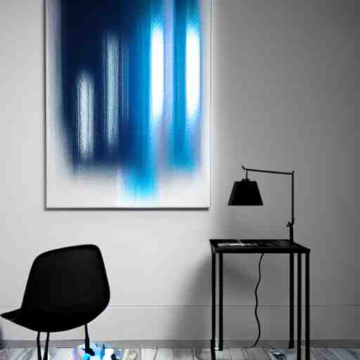 : abstract paintings on wall in white art studio with modern architecture cinematic lighting, hyper - realistic, detailed, render by c 4 d octane, unreal engine, 8 k 3 d render 