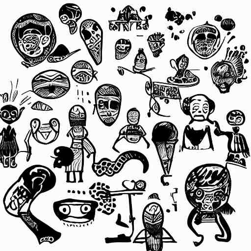 black and white composition of a variety of seperate doodles, drawings, faces, symbols, cartoons, lineart, cave drawing, silhouette, tattoo, chinese ink brush, app icon 