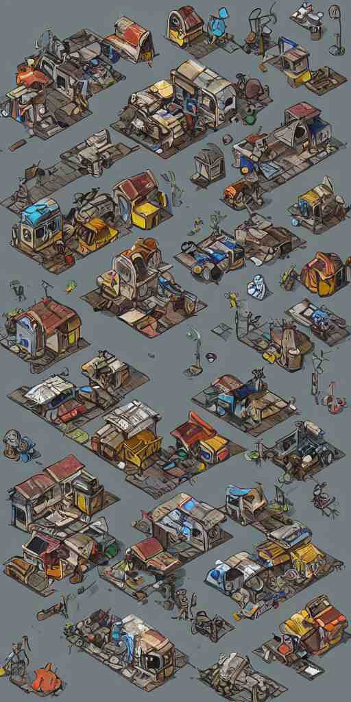 junkyard slum houses and shops. pixel art asset sheet. isometric perspective. concept art. science fiction. 