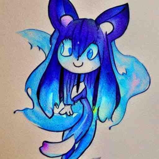 tattoo design of a cute blue will of the wisp character. watercolor 