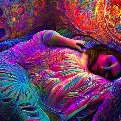 photorealistic sleeping in a trippy psychedelic world. hyperdetailed photorealism, 1 0 8 megapixels, amazing depth, high resolution, 3 d shading, 3 d finalrender, 3 d cinematic lighting, glowing rich colors, psychedelic overtones, artstation concept art. 