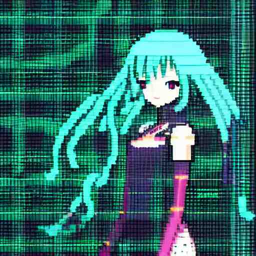 hatsune miku, pixel art, glitch, cyberpunk 