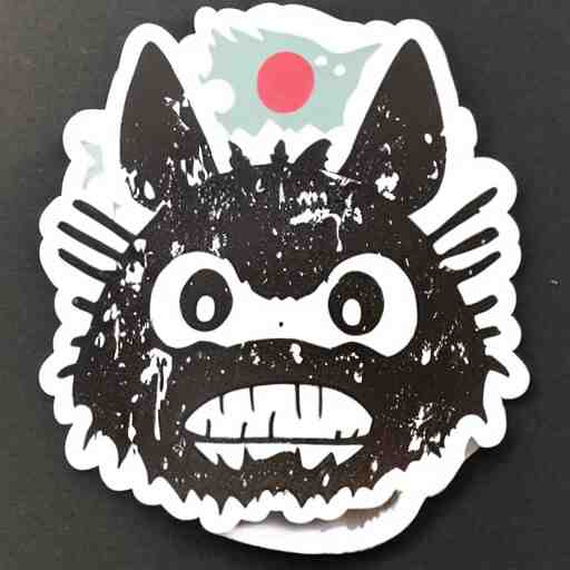 die cut sticker, totoro with princess mononoke mask, splatter paint 