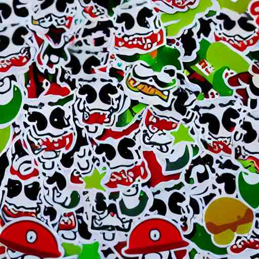 die cut sticker, yoshi wearing mario's mustache, splatter paint 