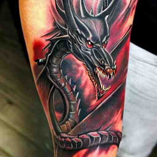 dark and vibrant spiraling fantasy dragon drake wyvern, forearm tattoo